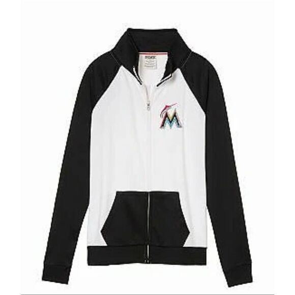 PINK Tops - PINK Victoria’s Secret MLB Miami Marlins Full Zip White Black Top Jacket Large